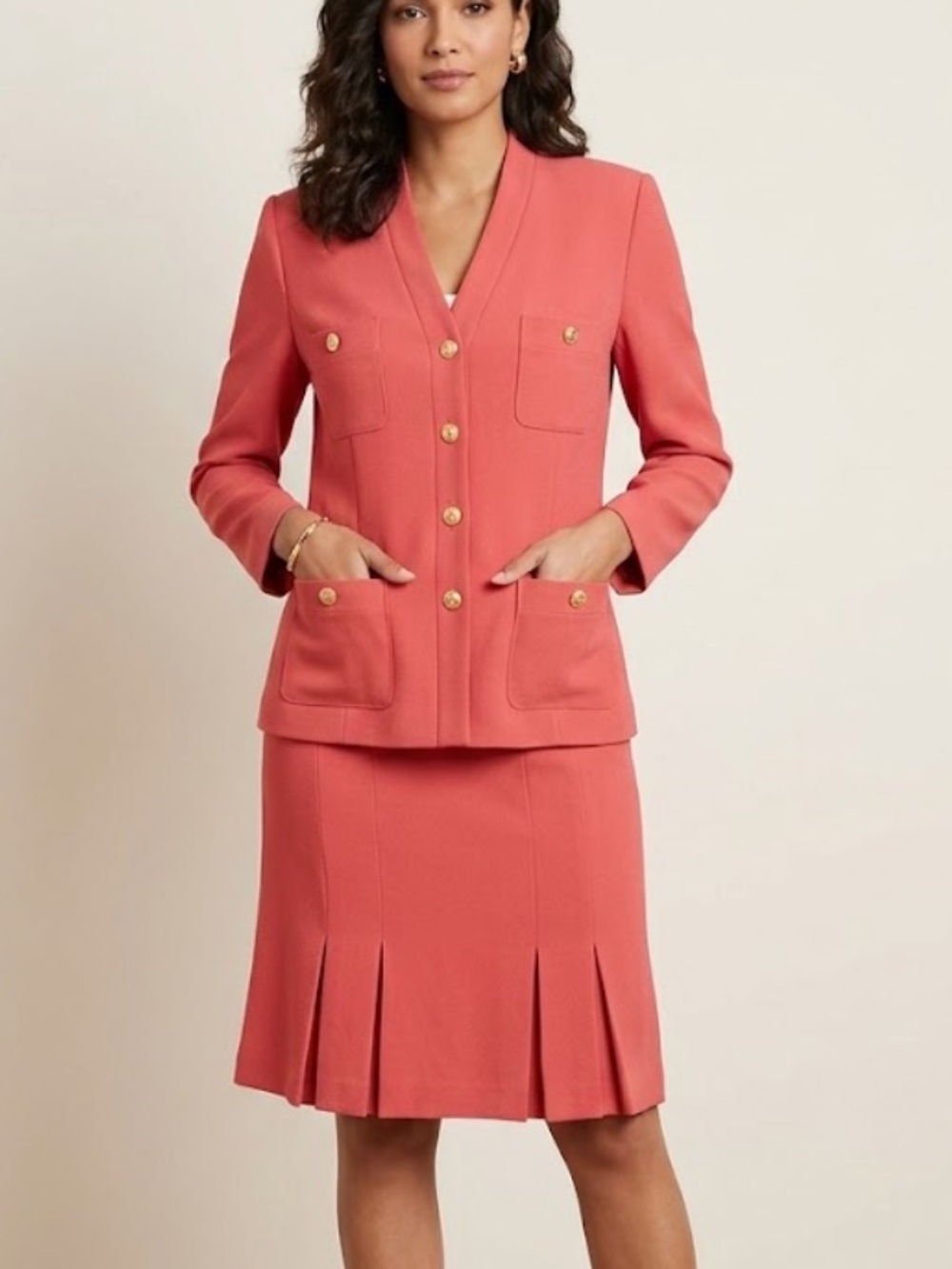 VTG Collarless 4-Pocket Blazer & pleated Skirt Suit Set gold crest buttons 14